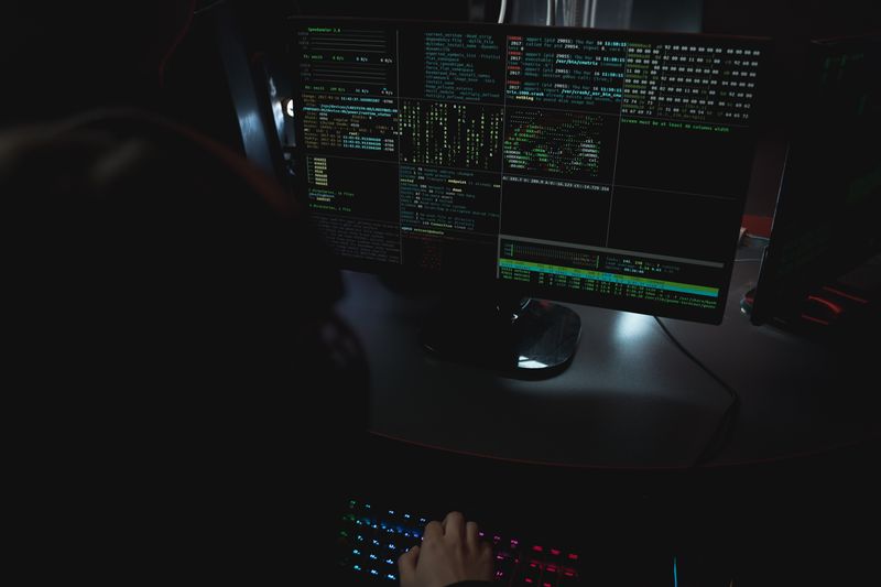 Person working at a computer with multiple security screens in a dark room